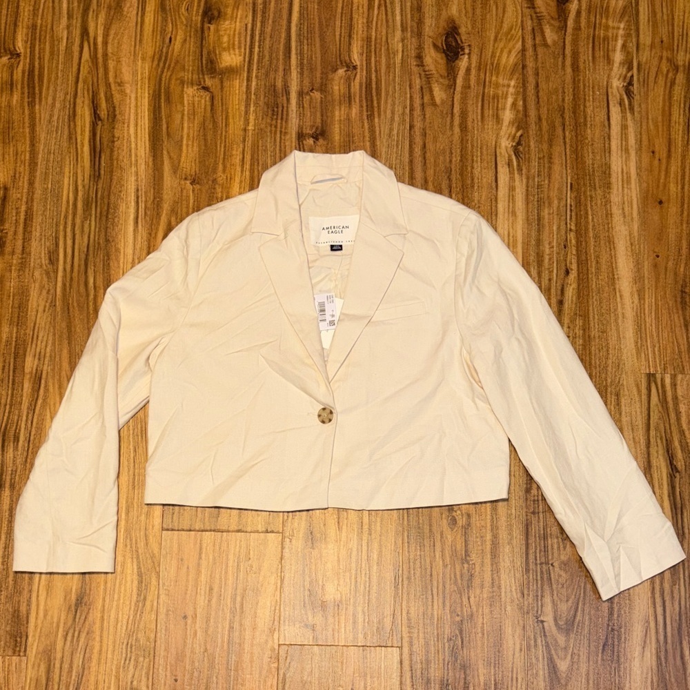 American Eagle Womens large 14 16 Blazer jacket Beige cropped cream linen NWT